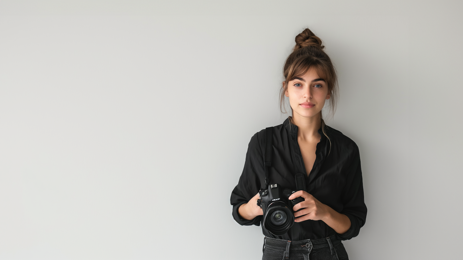 Erica standing against a plain grey background holding a camera, wearing a black shirt and jeans
