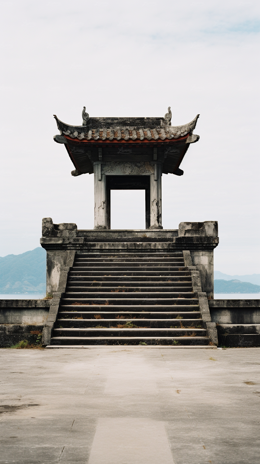 A temple pavilion with a tiered pagoda roof at the top of a stone stairway, hills rising behind it under overcast sky