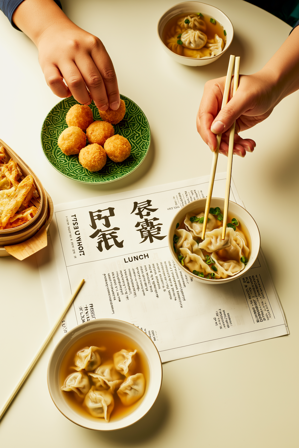 A shared table set with steamed dumplings, fried snacks and a bowl of soup, laid out for a group meal