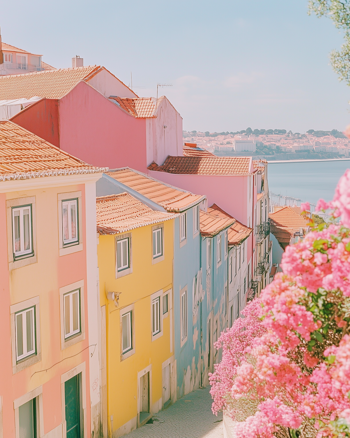 Pastel buildings with terracotta roofs and pink flowering shrubs above a calm waterfront under a clear blue sky