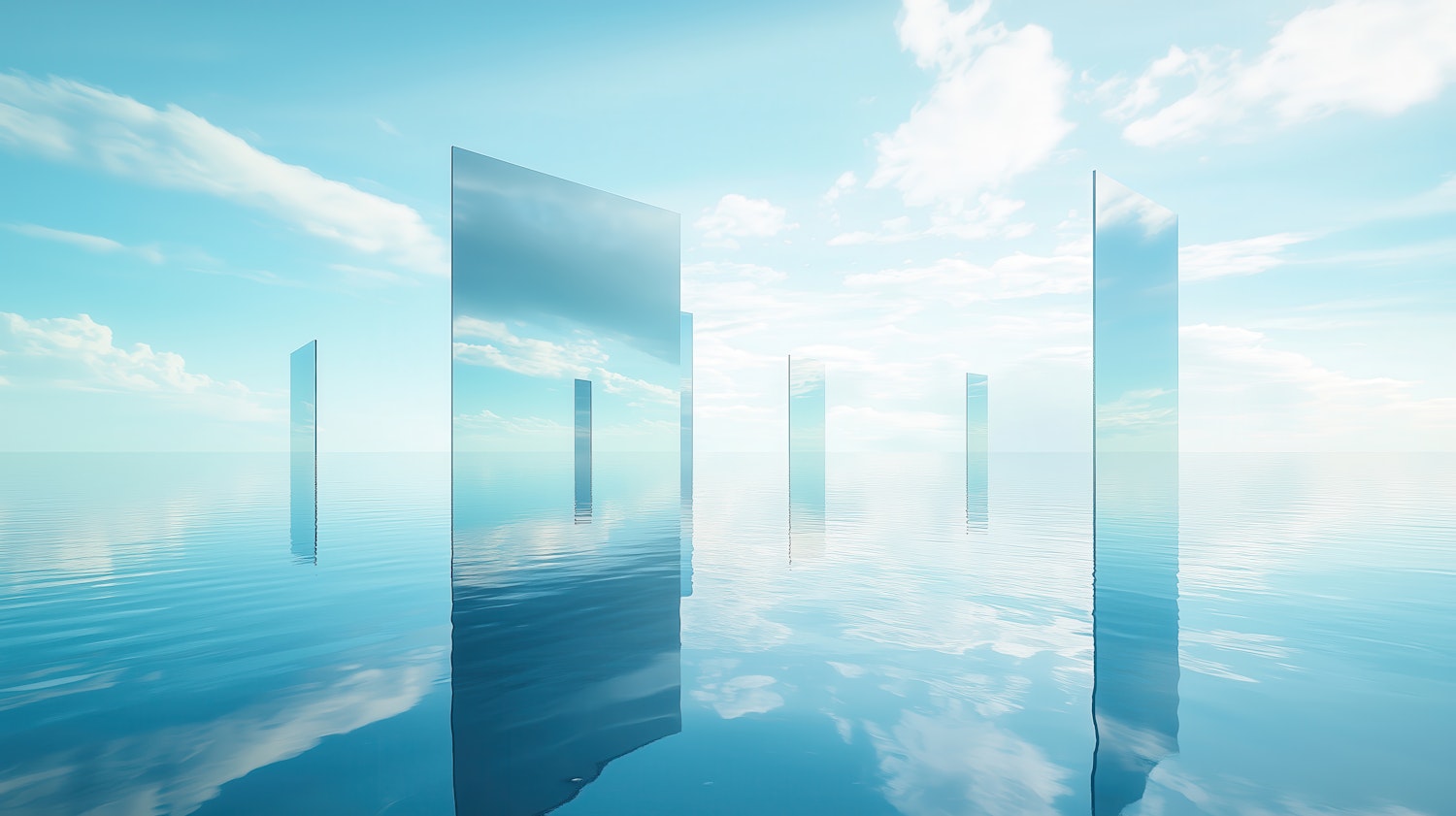 Tall reflective glass panels standing upright in a shallow pool of still water, mirroring a blue sky and scattered cloud