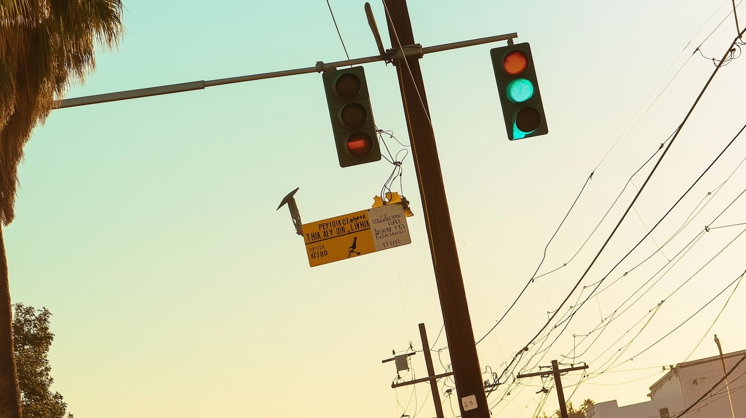 A traffic light glowing against a warm orange sunset sky, overhead power lines crossing above it and the fronds of a palm tree behind