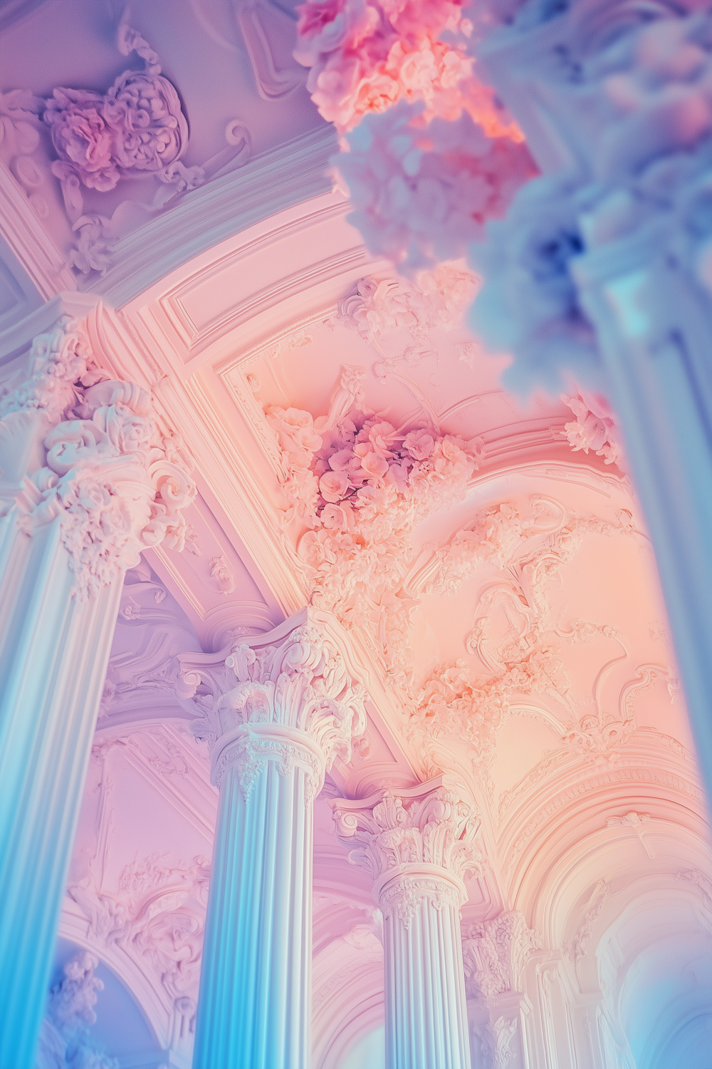 Ornate classical columns supporting a decorated ceiling, lit in soft pink and blue light