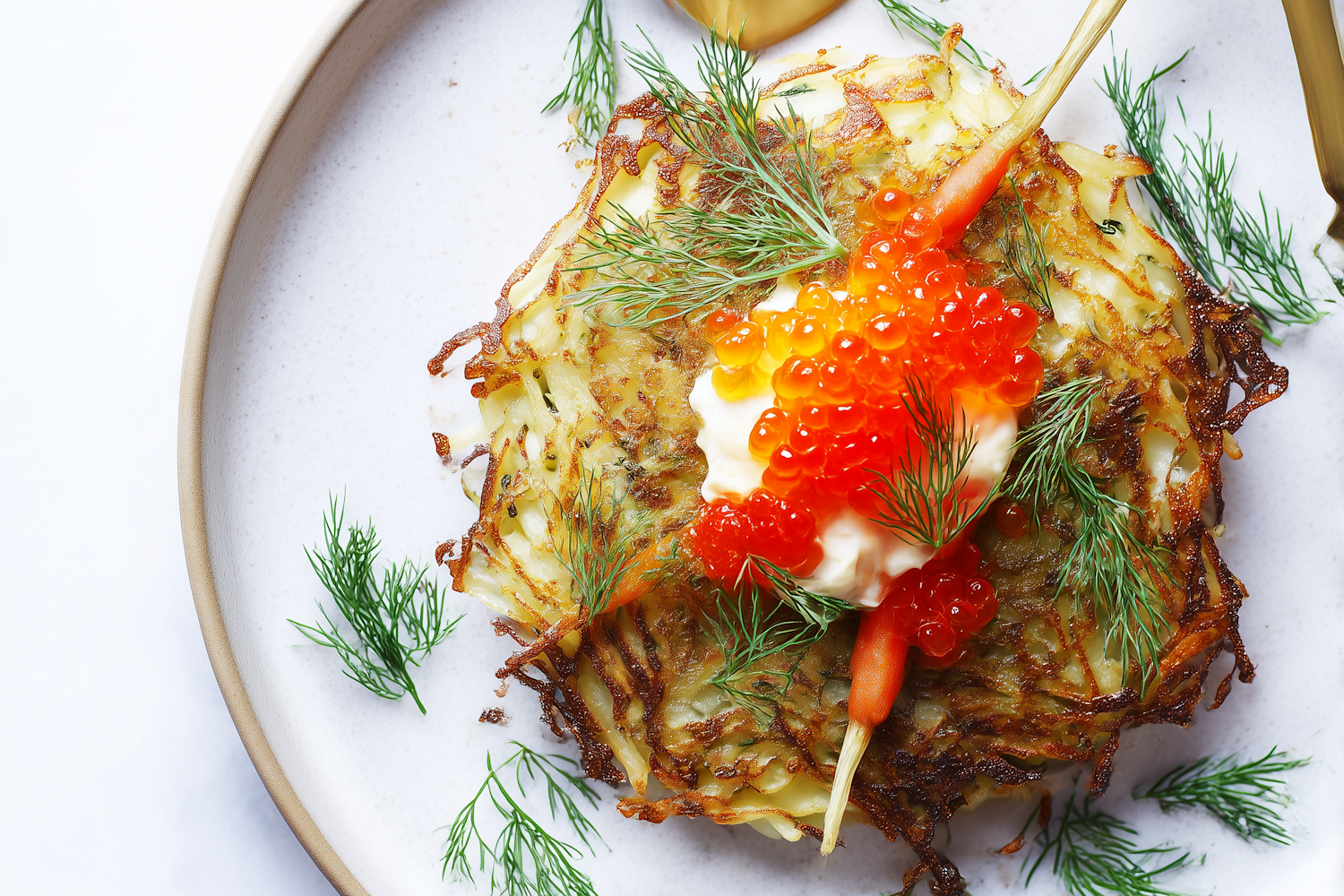 A crisp potato pancake topped with sour cream, orange fish roe and fresh dill on a plain ceramic plate