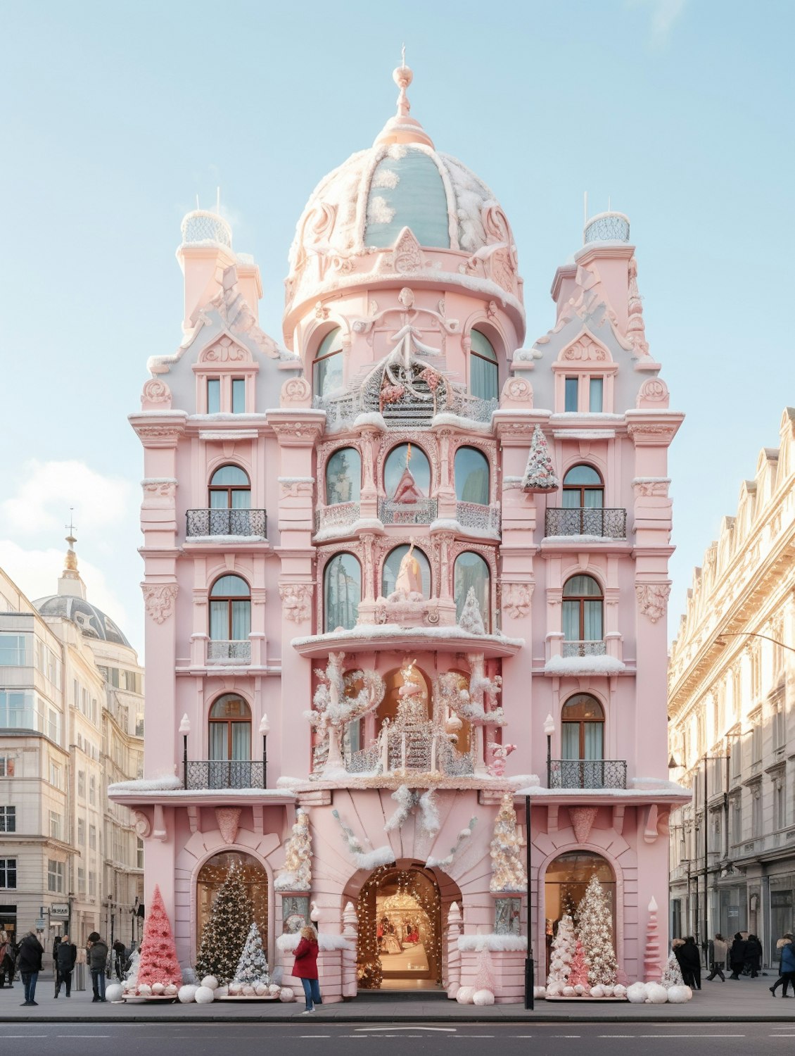 An ornate pink building with a central dome and heavily decorated facade, lit festive trees standing inside its tall ground-floor windows