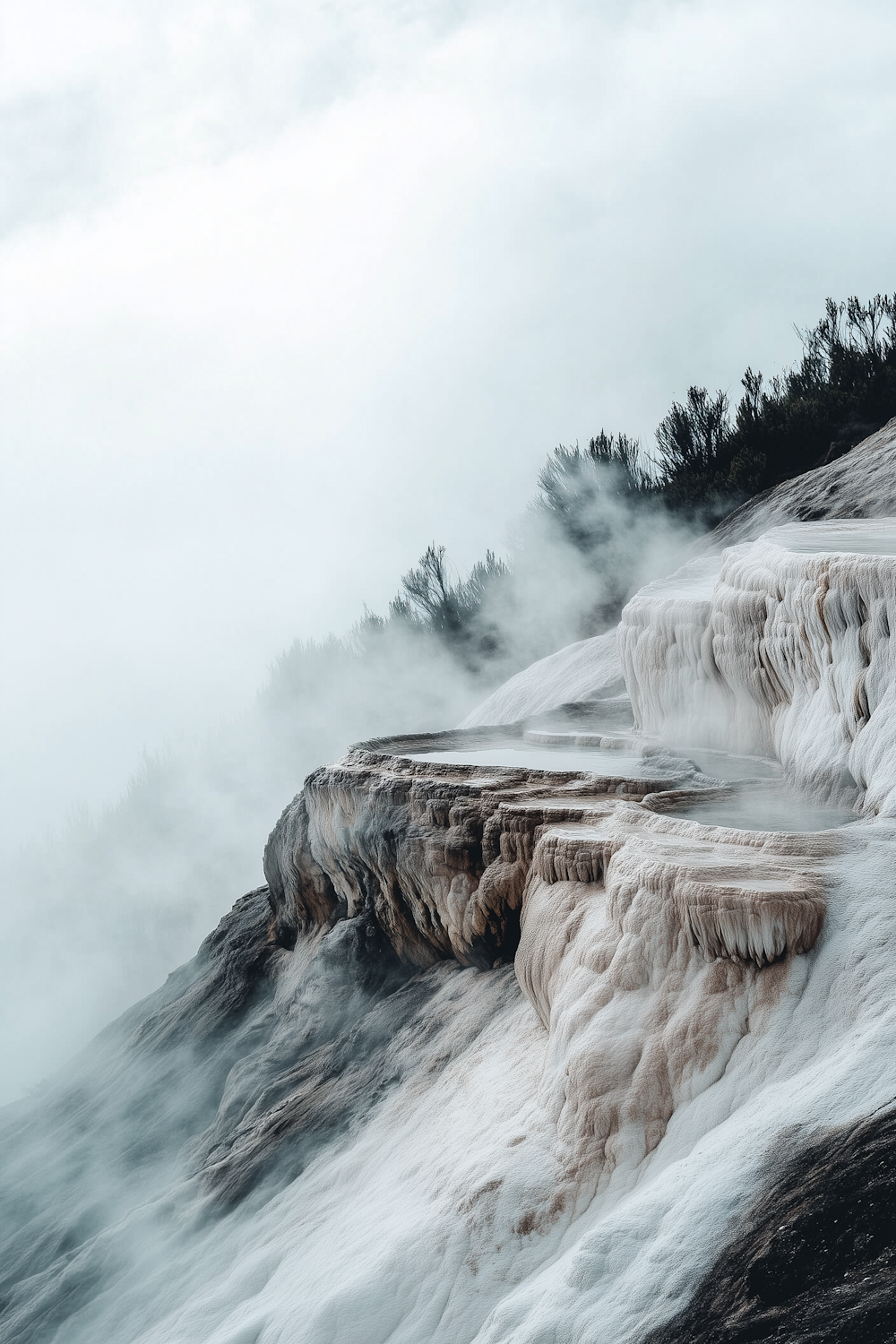Terraced mineral rock formations steaming in mist, ringed by dense green vegetation