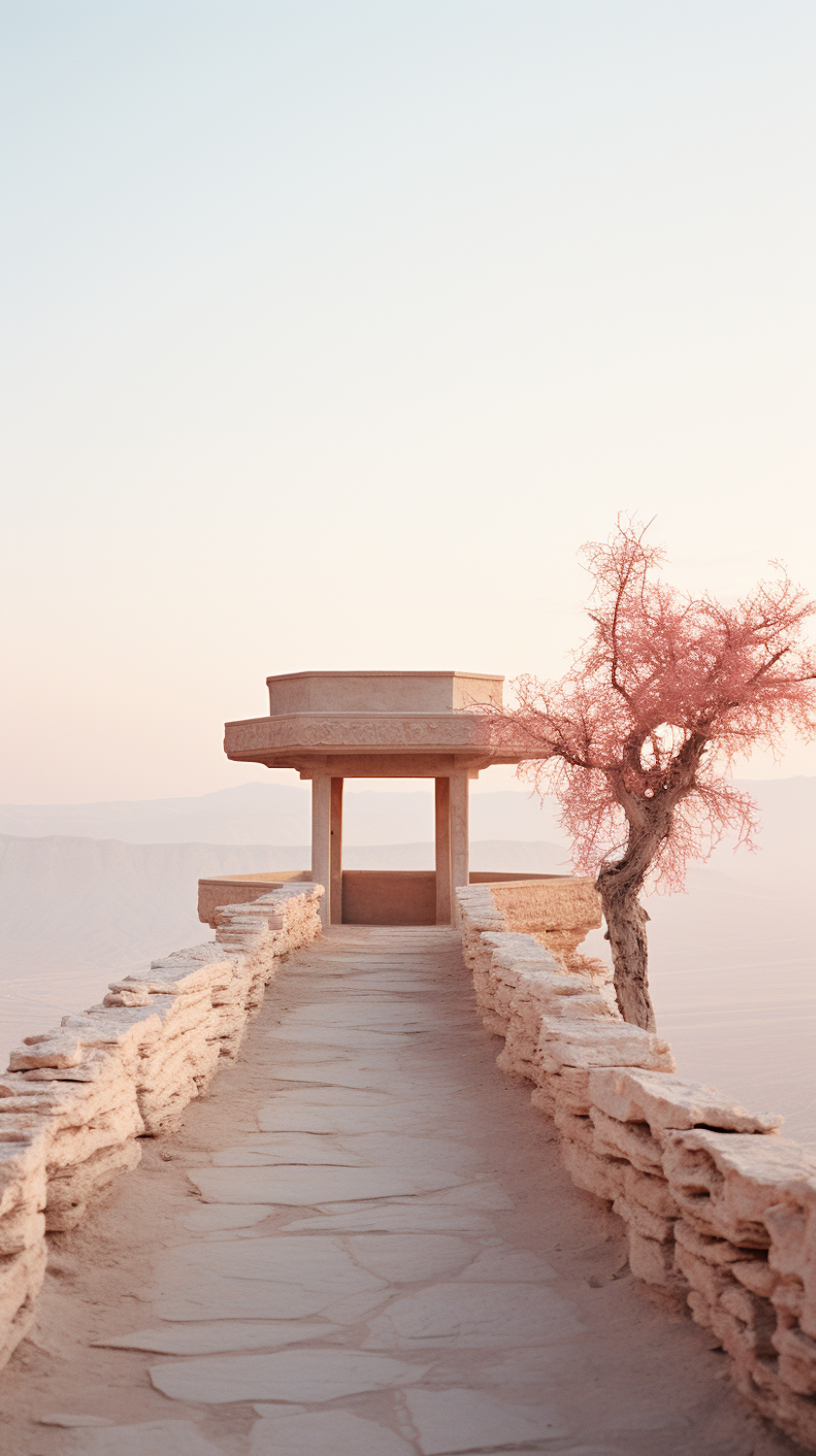 A stone pathway leading towards a simple pale structure, a tree in pink blossom beside it and hazy hills in the distance