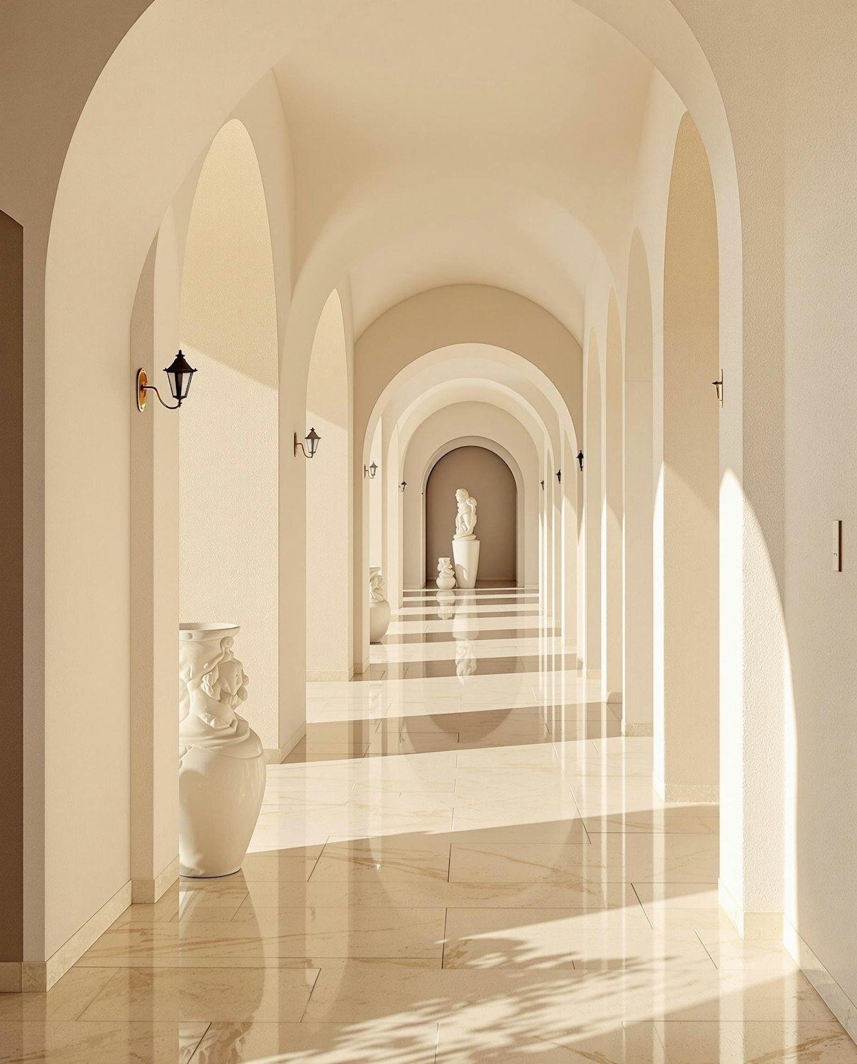 A long arched corridor with polished marble floors, decorative vases along the walls and a statue at the far end