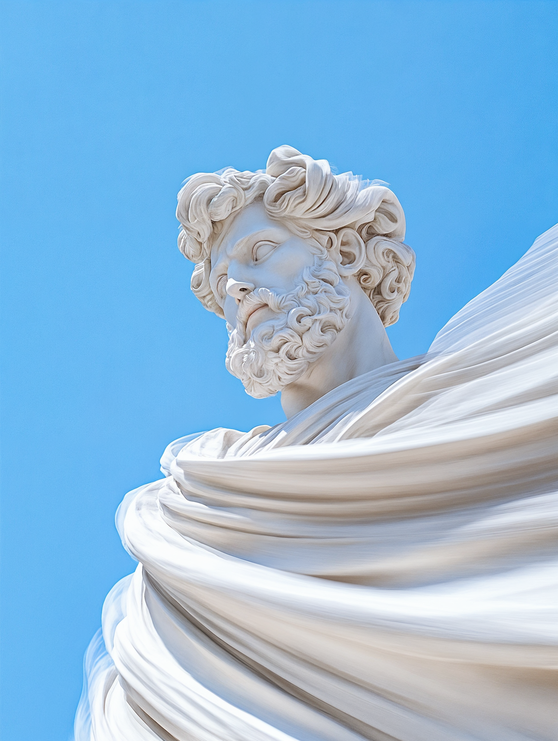 A marble statue of a bearded man in flowing carved drapery, seen from below against a vivid blue sky