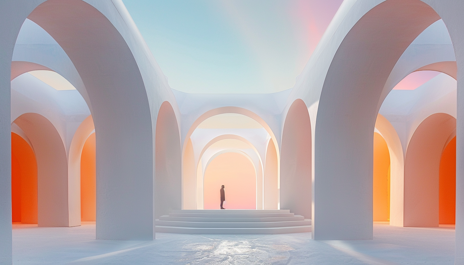 A run of tall white stone arches rising under a pale pastel sky, with a single figure standing on the wide steps below